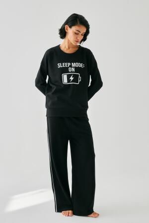 Kadın Siyah Sleep Mode ON Oversize 2 İplik Eşofman Ev Giyim Takımı - 3