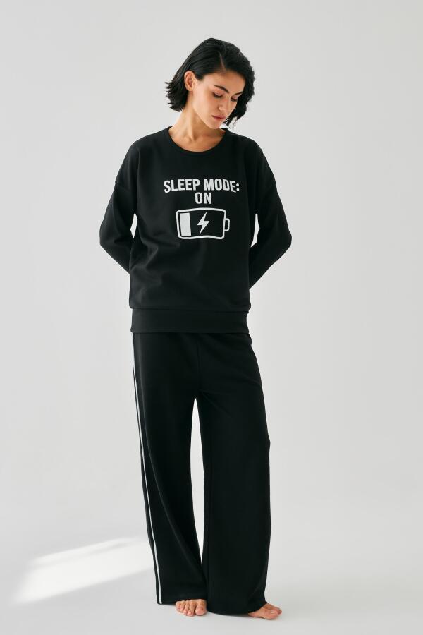Kadın Siyah Sleep Mode ON Oversize 2 İplik Eşofman Ev Giyim Takımı - 3