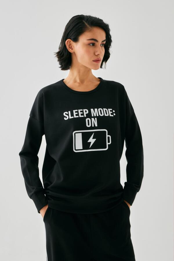 Kadın Siyah Sleep Mode ON Oversize 2 İplik Eşofman Ev Giyim Takımı - 4