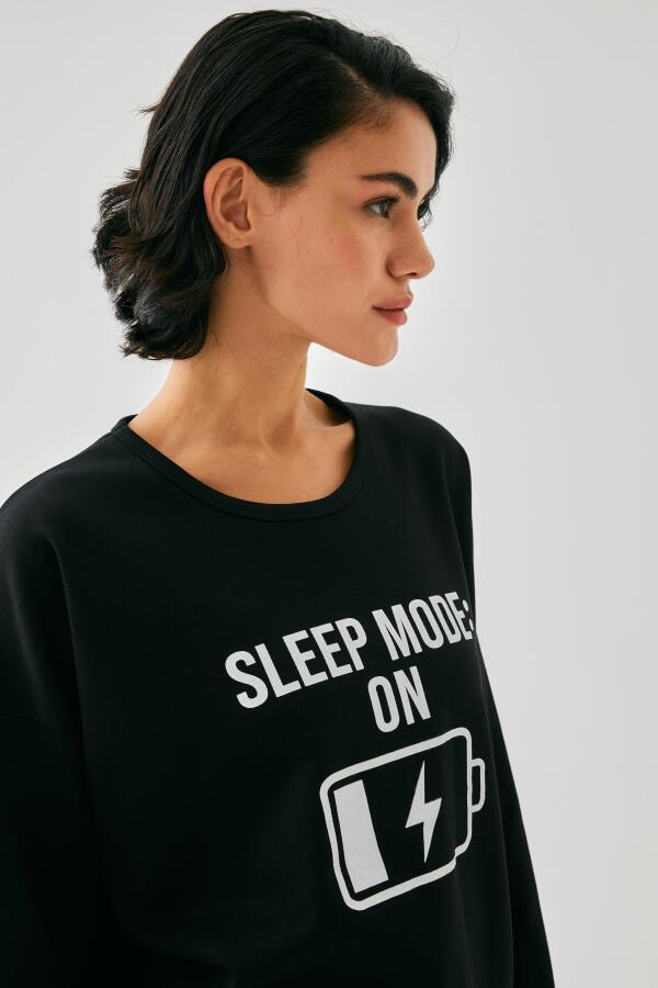 Kadın Siyah Sleep Mode ON Oversize 2 İplik Eşofman Ev Giyim Takımı - 5