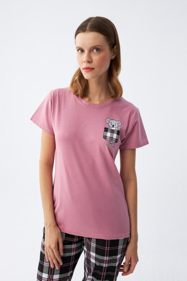 Angelino Kadın Somon Ayıcık Baskılı Ekoseli Penye Pijama Takımı - 1