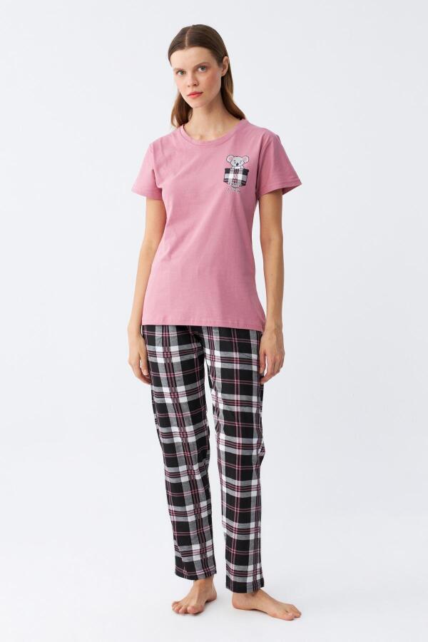 Angelino Kadın Somon Ayıcık Baskılı Ekoseli Penye Pijama Takımı - 3
