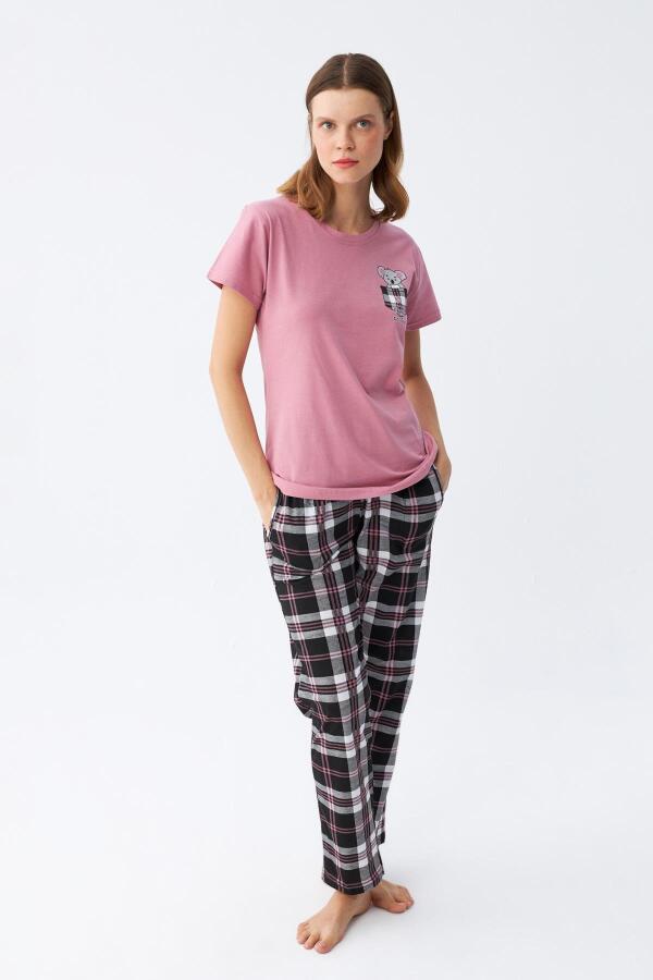 Angelino Kadın Somon Ayıcık Baskılı Ekoseli Penye Pijama Takımı - 4