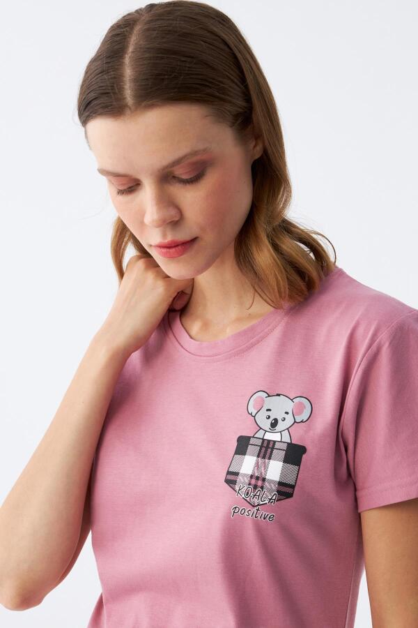 Angelino Kadın Somon Ayıcık Baskılı Ekoseli Penye Pijama Takımı - 5