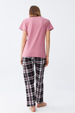 Angelino Kadın Somon Ayıcık Baskılı Ekoseli Penye Pijama Takımı - 6