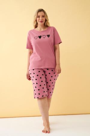 Angelino Kadın Somon Kalp Desenli Büyük Beden Kapri Pijama Takımı - 3