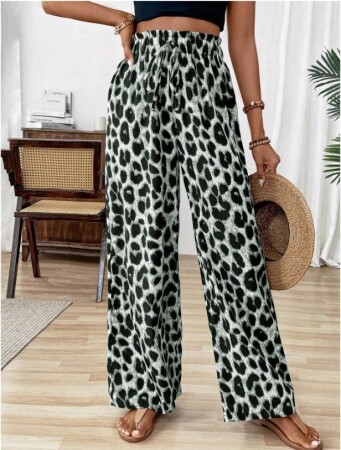 Kadın Süprem Kumaş Beli Lastikli Leopar Desen Pantolon - 1