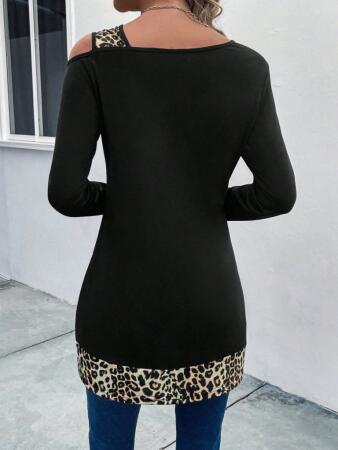 Kadın Tek O Uzdan Açık Askılı Uzun Kollu Leopar Detaylı Viskon Bluz - 4