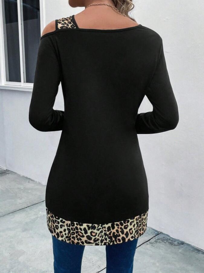 Kadın Tek O Uzdan Açık Askılı Uzun Kollu Leopar Detaylı Viskon Bluz - 4