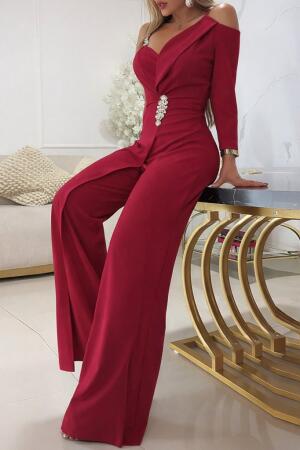 Kadın Tek Omuzdan Askılı Uzun Kollu Yakalı Yandan çiçek Aksesuar Detaylı Ithal Krep Tulum - ANGELINO BuyukBedeniz (1)