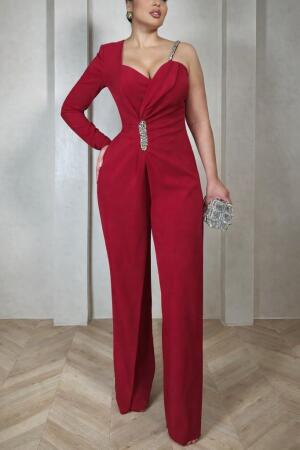 Kadın Tek Omuzdan Askılı Uzun Kollu Yakalı Yandan çiçek Aksesuar Detaylı Ithal Krep Tulum - 3