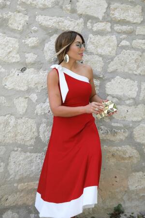 Kadın Tek Omuzu Açık Omuzlardan Kurdela Detaylı çift Renkli Ithal Krep Elbise - ANGELINO BuyukBedeniz (1)