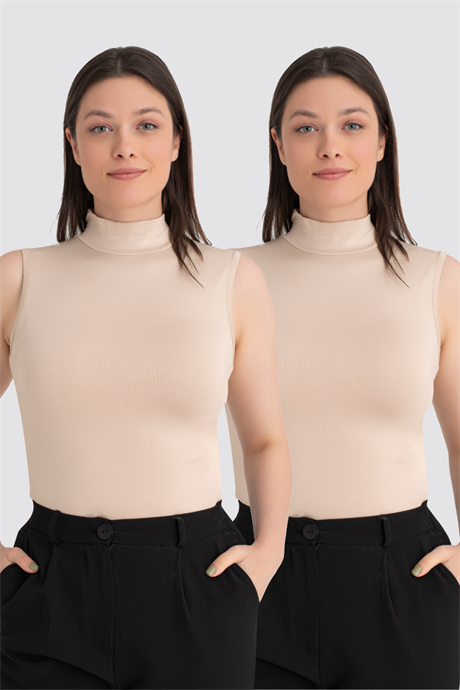 Kadın Ten 2'li Kolsuz Body Balıkçı Yaka - 1