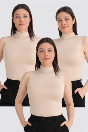 Kadın Ten Balıkçı Yaka Kolsuz Body 3'lü Paket - 1