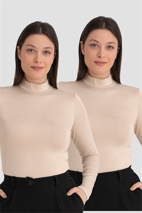 Kadın Ten Balıkçı Yaka Uzun Kollu Body 2'li Paket - 1