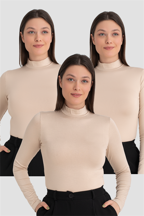 Kadın Ten Balıkçı Yaka Uzun Kollu Body 3 Adet - 1