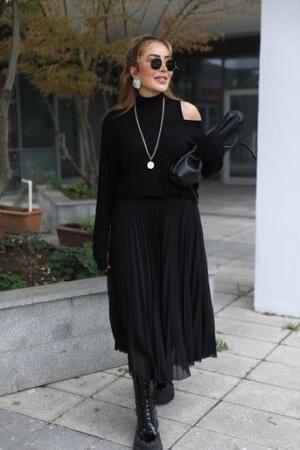 Kadın Triko Plise Ve Tül Detay Iki Parça Elbise - ANGELINO BuyukBedeniz (1)