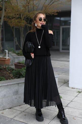 Kadın Triko Plise Ve Tül Detay Iki Parça Elbise - 3