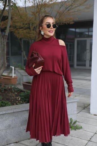 Kadın Triko Plise Ve Tül Detay Iki Parça Elbise - 1