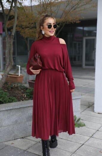 Kadın Triko Plise Ve Tül Detay Iki Parça Elbise - 2