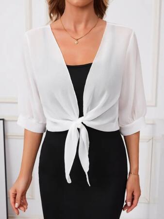 Kadın Truvakar Kol önden Bağlamalı Kısa şifon Bolero Ceket - 4