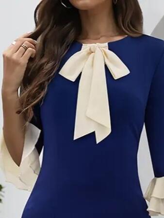 Kadın Truvakar Kollu Fiyonk Yakalı Midi Ithal Krep Elbise - ANGELINO BuyukBedeniz (1)