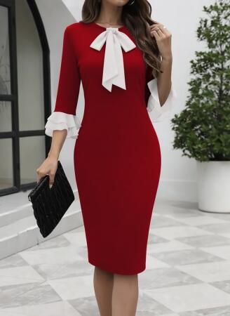 Kadın Truvakar Kollu Fiyonk Yakalı Midi Ithal Krep Elbise - 4