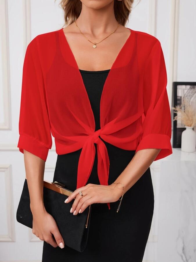 Kadın Truvakar Kollu önden Bağlamalı Kısa şifon Bolero Ceket - 2