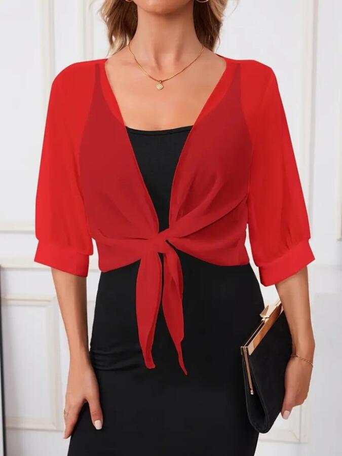 Kadın Truvakar Kollu önden Bağlamalı Kısa şifon Bolero Ceket - 1