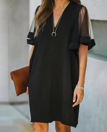 Kadın Tüllü Kısa Kollu V Yaka Krep Elbise - ANGELINO BuyukBedeniz