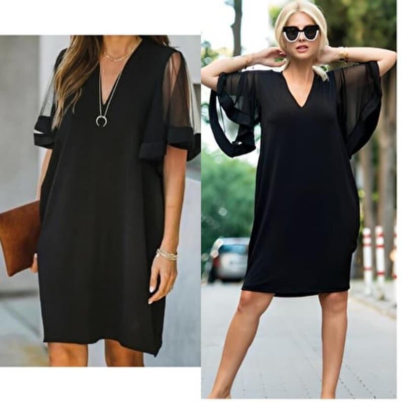 Kadın Tüllü Kısa Kollu V Yaka Krep Elbise - 2