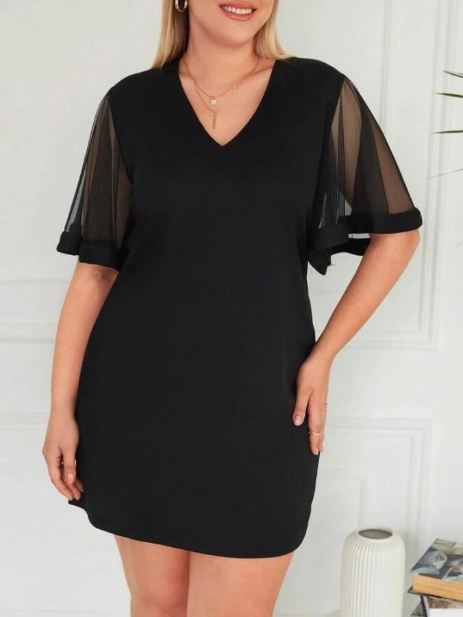 Kadın Tüllü Kısa Kollu V Yaka Krep Elbise - 8