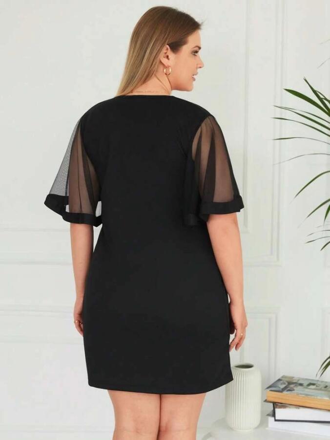 Kadın Tüllü Kısa Kollu V Yaka Krep Elbise - 9