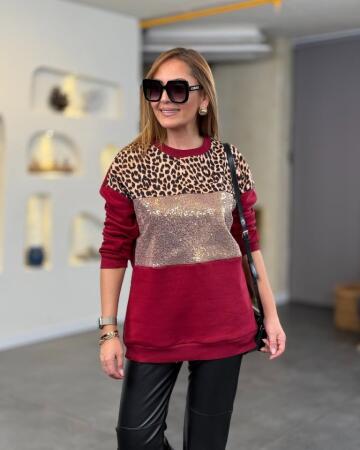 Kadın üç Iplik şardonlu Kumaş Leopar Desenli Bluz - ANGELINO BuyukBedeniz