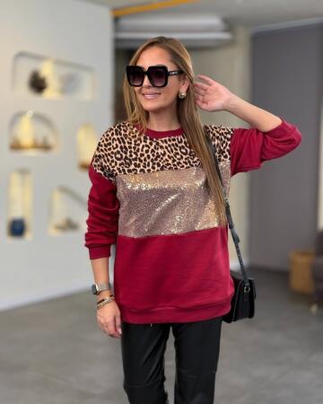 Kadın üç Iplik şardonlu Kumaş Leopar Desenli Bluz - ANGELINO BuyukBedeniz (1)