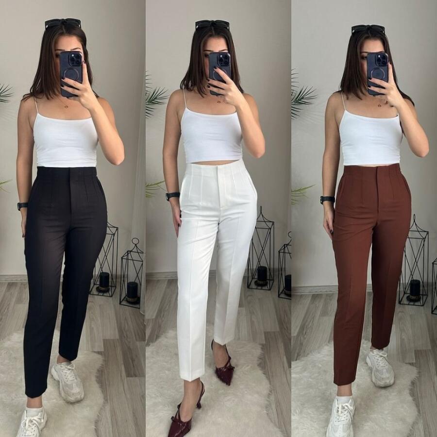 Kadın üste Oturan Paçası Bilek üzerinde Biten Krep Kumaş Kumaş Pantolon 36 (S) - 50 (5XL) - 6