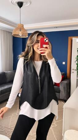 Kadın Uzun Kol Asimetrik Kesim Viskon Bluz Ve çatlak Deri Görünümlü Fermuar Detaylı Yelek Ikili Takım - ANGELINO BuyukBedeniz (1)