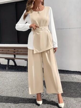 Kadın Uzun Kollu Açık Yakalı çift Renkli Kemerli Ithal Krep Ikili Takım - ANGELINO BuyukBedeniz