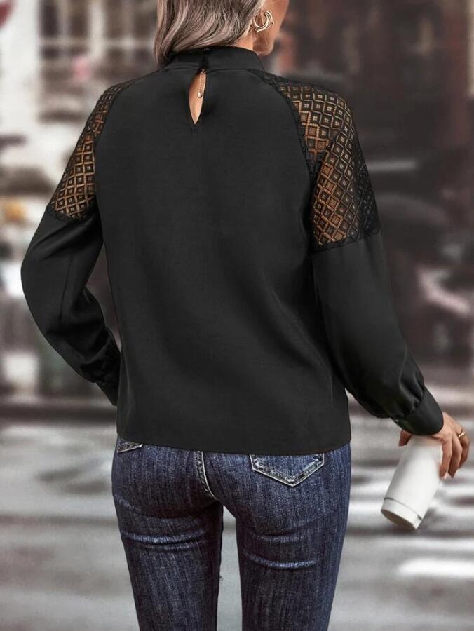 Kadın Uzun Kollu Anahtar Deliği Yaka Reglan Kol Dantel Detaylı Ithal Krep Bluz - 2