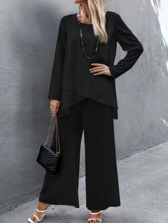Kadın Uzun Kollu Asimetrik Detaylı Salaş Sandy Bluz Ve Pantolon Ikili Takım - ANGELINO BuyukBedeniz