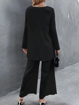 Kadın Uzun Kollu Asimetrik Detaylı Salaş Sandy Bluz Ve Pantolon Ikili Takım - ANGELINO BuyukBedeniz (1)