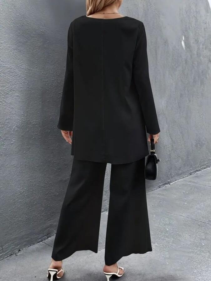 Kadın Uzun Kollu Asimetrik Detaylı Salaş Sandy Bluz Ve Pantolon Ikili Takım - 2