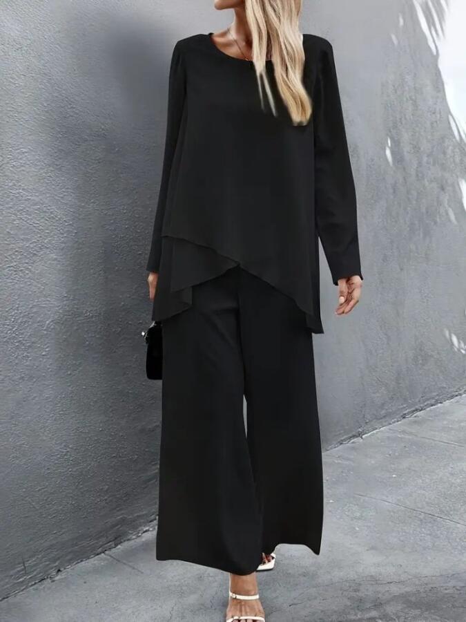 Kadın Uzun Kollu Asimetrik Detaylı Salaş Sandy Bluz Ve Pantolon Ikili Takım - 3