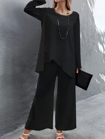 Kadın Uzun Kollu Asimetrik Detaylı Salaş Sandy Bluz Ve Pantolon Ikili Takım - 4