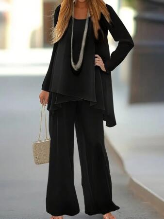 Kadın Uzun Kollu Asimetrik Detaylı Salaş Sandy Bluz Ve Pantolon Ikili Takım - 5