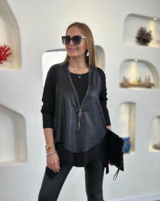 Kadın Uzun Kollu Asimetrik Kesim Viskon Bluz Ve çatlak Deri Görünümlü Yelek Ikili Takım - 3