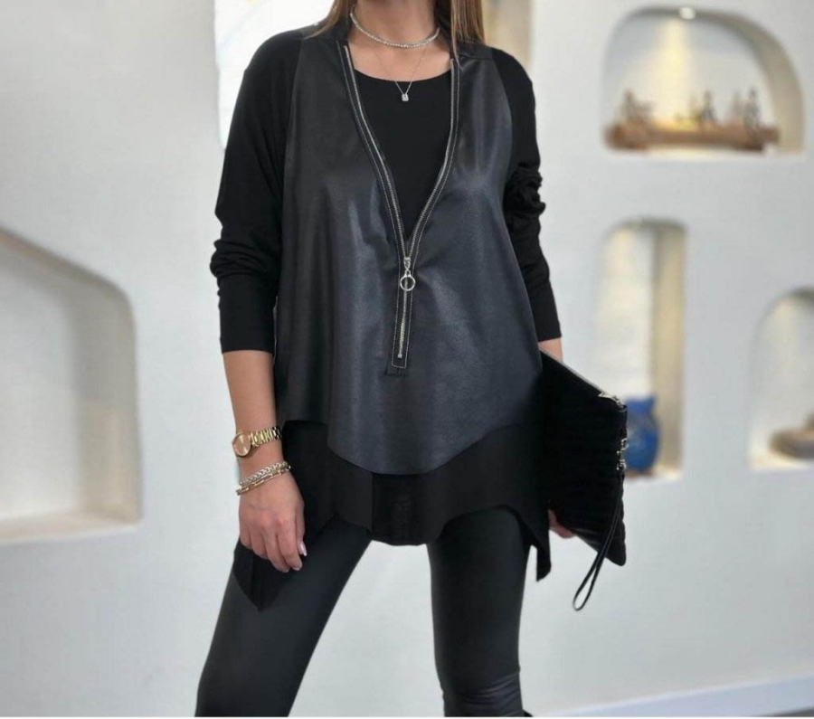 Kadın Uzun Kollu Asimetrik Kesim Viskon Bluz Ve çatlak Deri Görünümlü Yelek Ikili Takım - 4