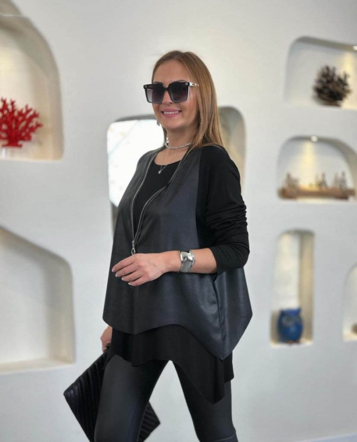 Kadın Uzun Kollu Asimetrik Kesim Viskon Bluz Ve çatlak Deri Görünümlü Yelek Ikili Takım - 5