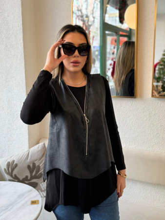 Kadın Uzun Kollu Asimetrik Kesim Viskon Bluz Ve çatlak Deri Görünümlü Yelek Ikili Takım - 7