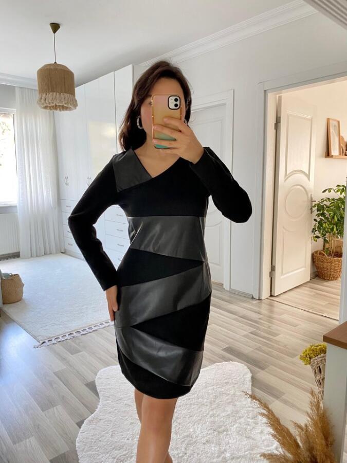 Kadın Uzun Kollu Asimetrik Yaka Süet Ve Deri Mini Boy Elbise - 3